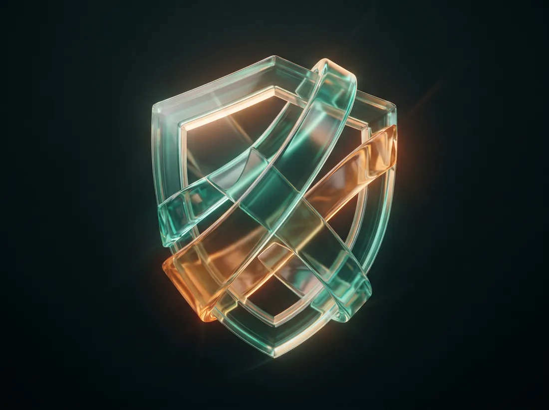 Abstract interlocking teal and amber glass ribbons forming a shield, representing AI ethics and safeguarding.