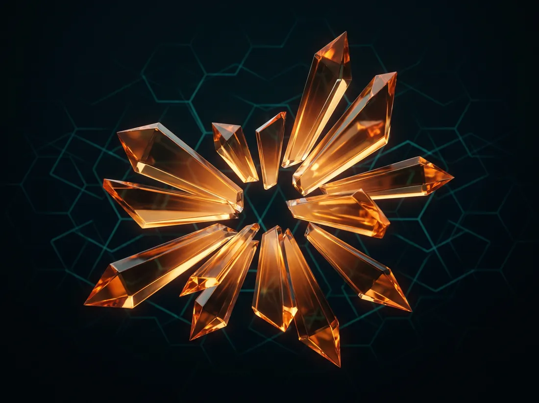 Abstract amber glass shards arranged in a radial pattern, representing early risk-pattern detection.