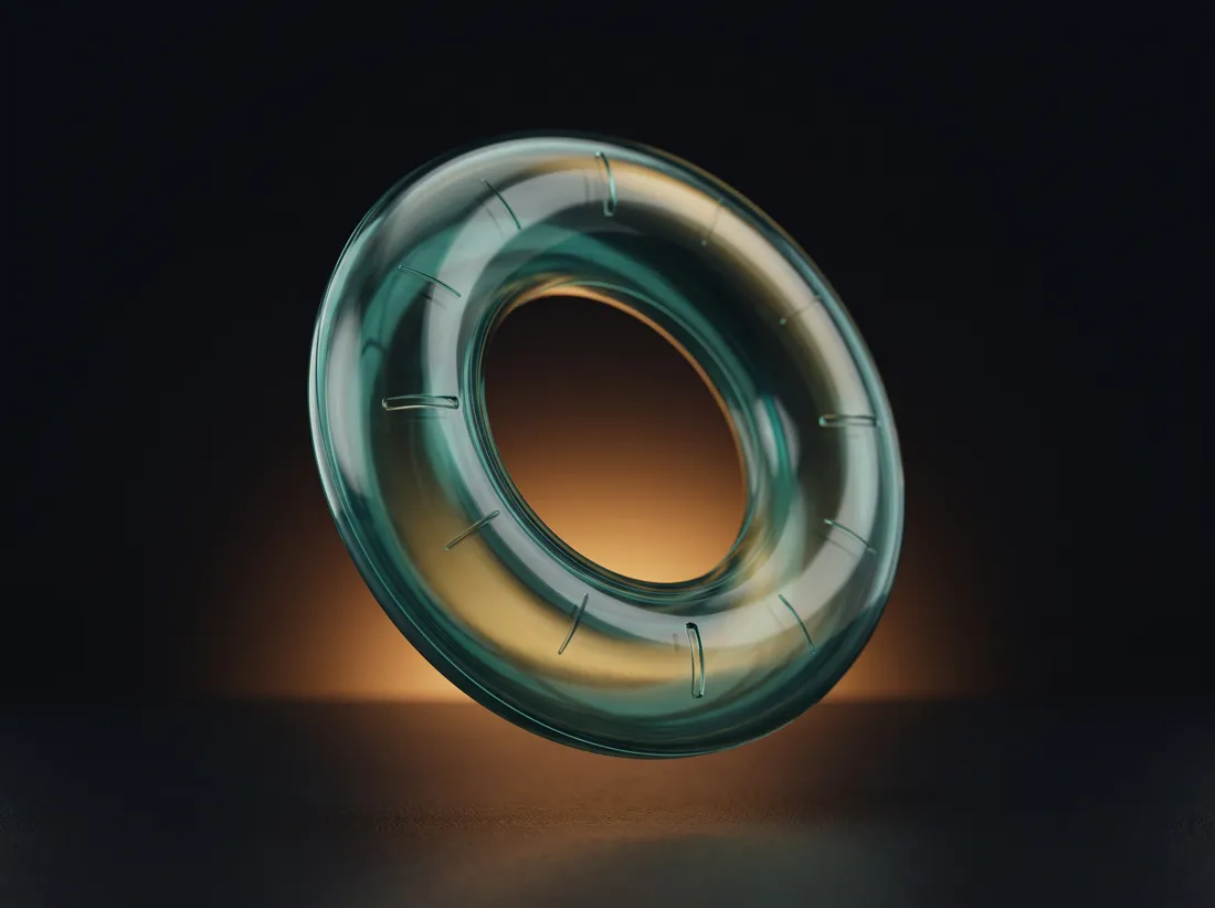 Abstract teal glass ring evoking a clock face.