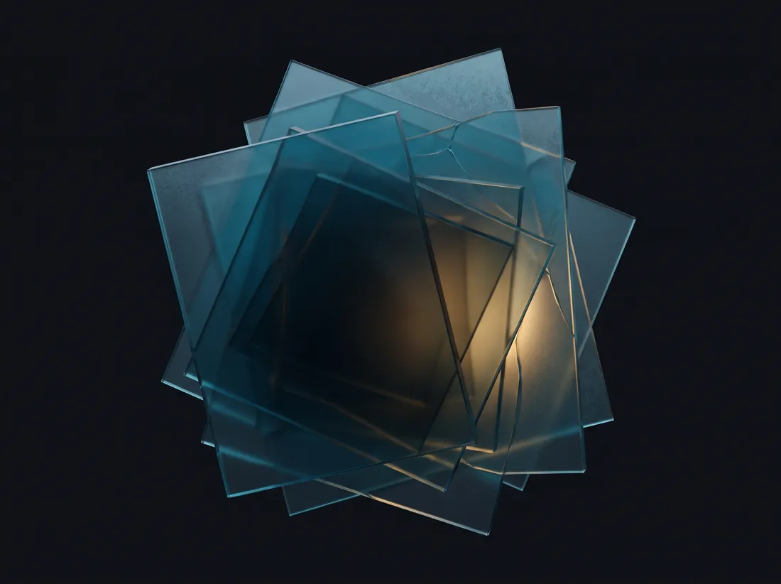 Layered translucent glass panes stacked at offsets, each darkening the one beneath, with a single warm light behind the deepest layer.