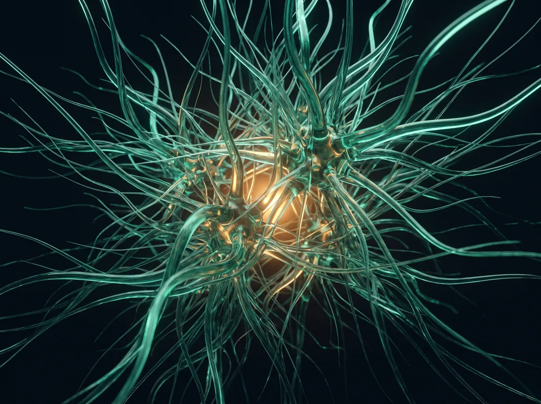 Abstract branching glass filaments, some strong and bright, others thin and fragile, spreading from a warm central glow.